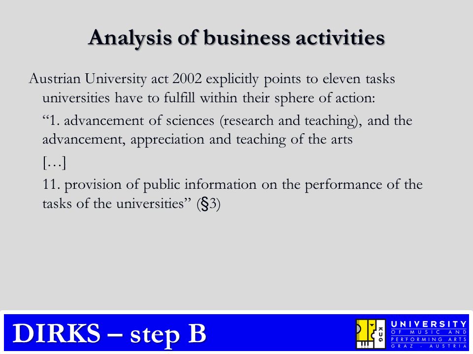 Analysis of business activities Austrian University act 2002 explicitly points to eleven tasks universities have to fulfill within their sphere of action: 1.