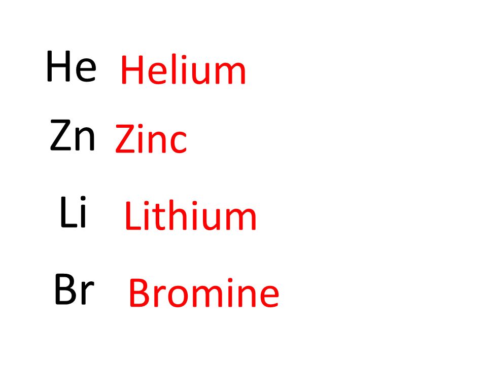 He Helium Zn Zinc Li Lithium Br Bromine