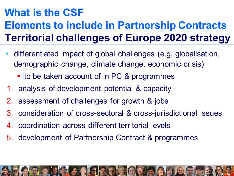 What is the CSF Elements to include in Partnership Contracts Territorial challenges of Europe 2020 strategy  differentiated impact of global challenges (e.g.