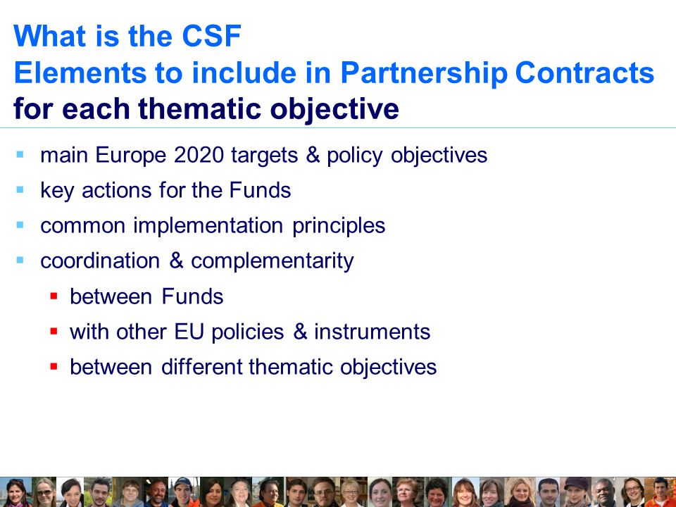 What is the CSF Elements to include in Partnership Contracts for each thematic objective  main Europe 2020 targets & policy objectives  key actions for the Funds  common implementation principles  coordination & complementarity  between Funds  with other EU policies & instruments  between different thematic objectives