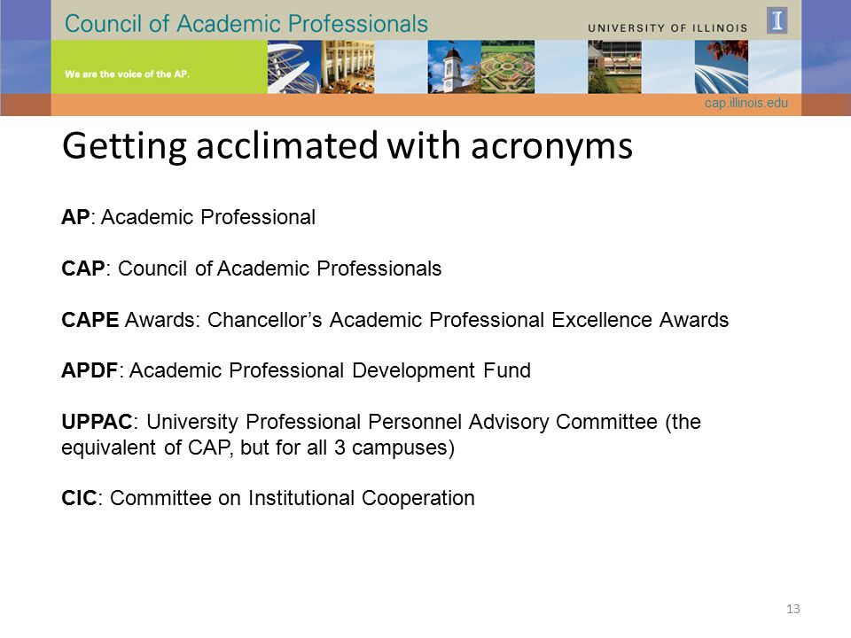 Getting acclimated with acronyms AP: Academic Professional CAP: Council of Academic Professionals CAPE Awards: Chancellor’s Academic Professional Excellence Awards APDF: Academic Professional Development Fund UPPAC: University Professional Personnel Advisory Committee (the equivalent of CAP, but for all 3 campuses) CIC: Committee on Institutional Cooperation cap.illinois.edu 13