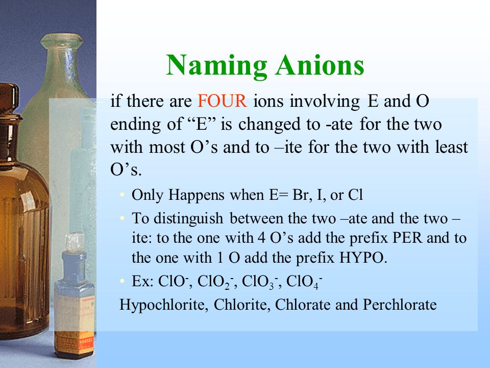 Naming Anions (EO n m- ); Keep the root of the name of element E then: –if there is only one ion involving E and O ending of E is changed to –ate.