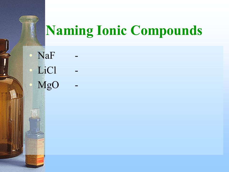 Note: many O containing anions have names ending in –ate (or -ite).