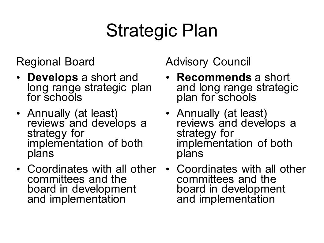 Strategic Plan Regional Board Develops a short and long range strategic plan for schools Annually (at least) reviews and develops a strategy for implementation of both plans Coordinates with all other committees and the board in development and implementation Advisory Council Recommends a short and long range strategic plan for schools Annually (at least) reviews and develops a strategy for implementation of both plans Coordinates with all other committees and the board in development and implementation