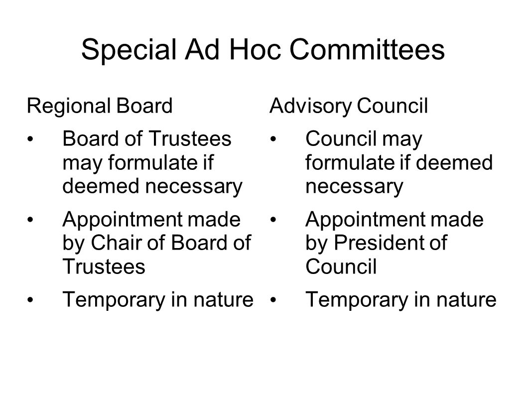 Special Ad Hoc Committees Regional Board Board of Trustees may formulate if deemed necessary Appointment made by Chair of Board of Trustees Temporary in nature Advisory Council Council may formulate if deemed necessary Appointment made by President of Council Temporary in nature