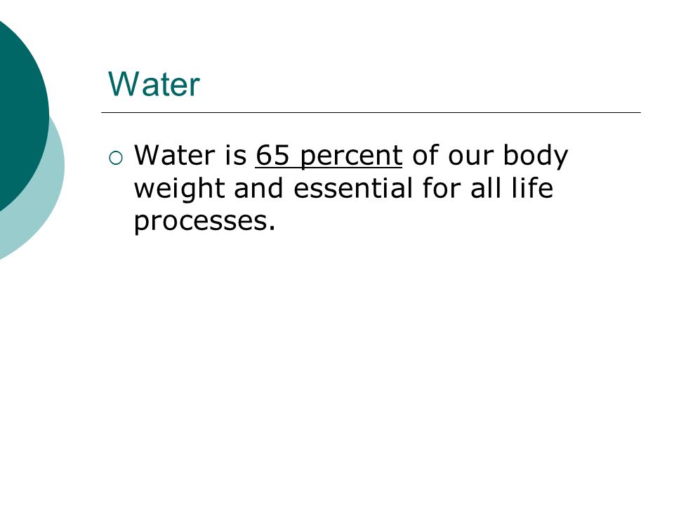 Water  Water is 65 percent of our body weight and essential for all life processes.