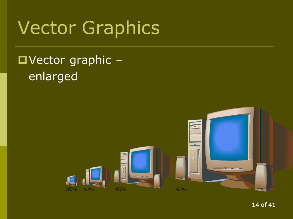 13 of 41 Advantages of Vector Graphics  Can take up less memory because don t have to store individual pixels  Individual objects within a complete vector graphic diagram can be edited, removed etc.