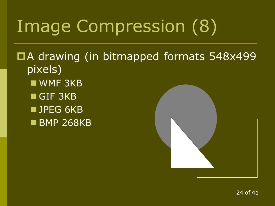 23 of 41 Image Compression (7)  Clipart image (in bitmapped formats 748x543) GIF 19KB JPEG 29KB WMF 83KB BMP 1,190KB