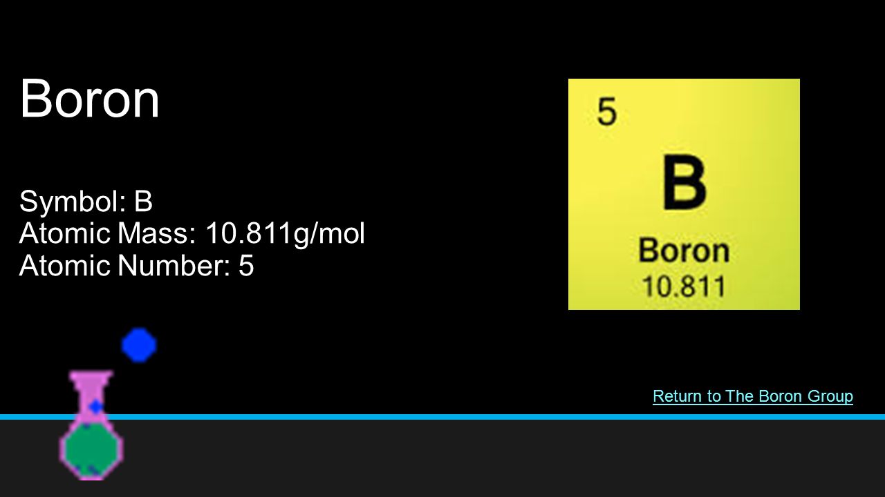 Boron Symbol: B Atomic Mass: g/mol Atomic Number: 5 Return to The Boron Group