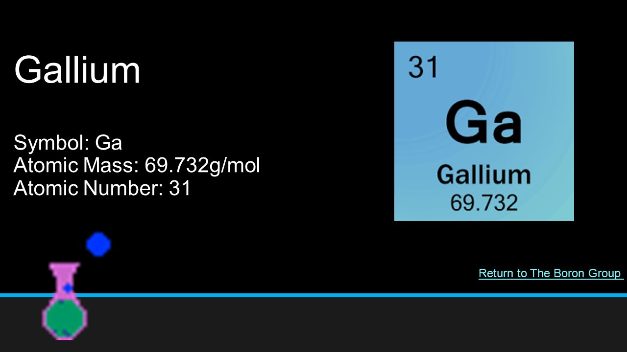 Gallium Symbol: Ga Atomic Mass: g/mol Atomic Number: 31 Return to The Boron Group