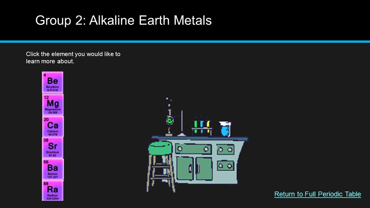 Group 2: Alkaline Earth Metals Click the element you would like to learn more about.