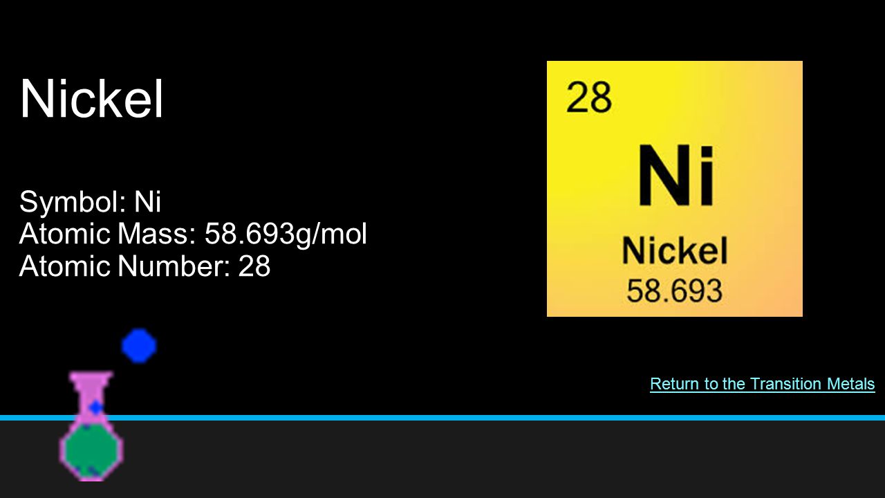 Nickel Symbol: Ni Atomic Mass: g/mol Atomic Number: 28 Return to the Transition Metals
