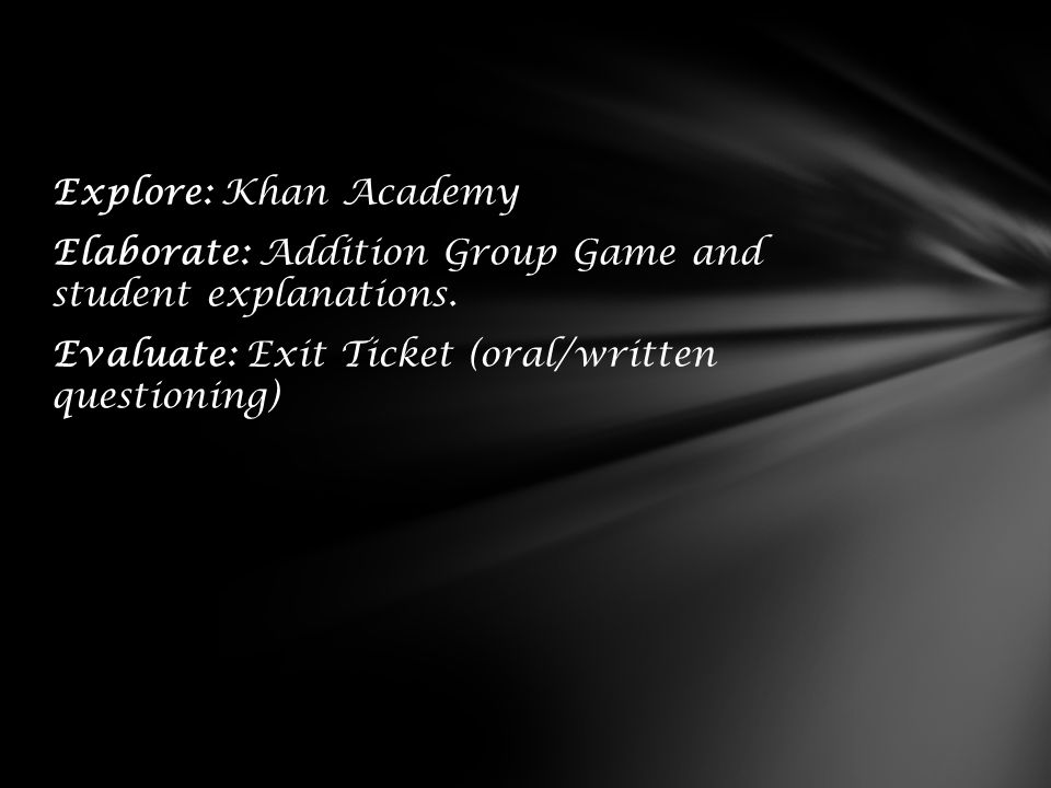 Explore: Khan Academy Elaborate: Addition Group Game and student explanations.