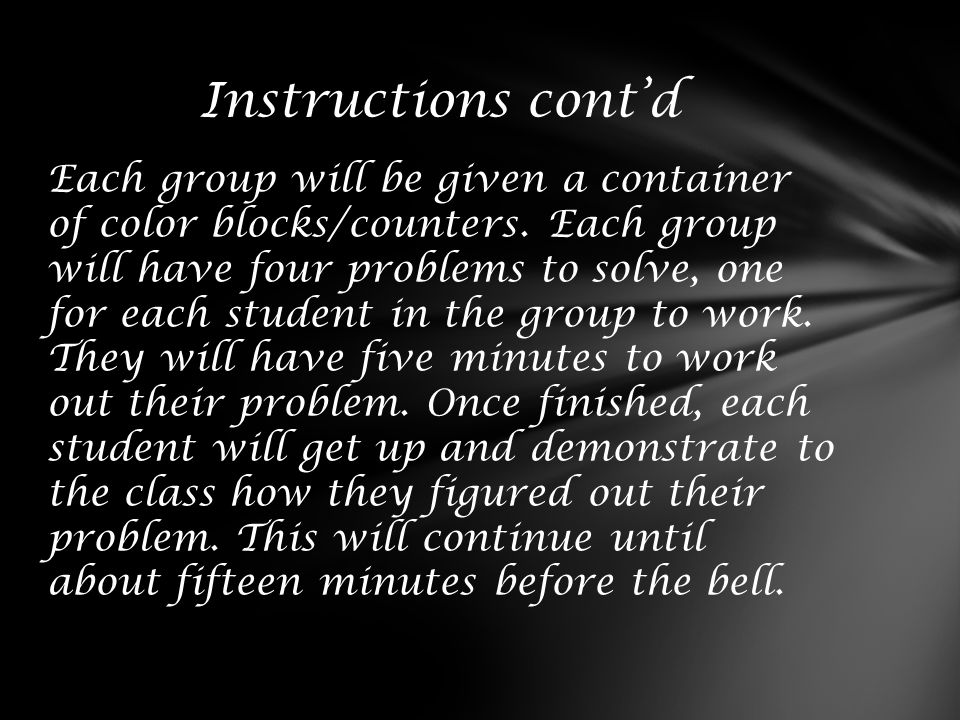 Each group will be given a container of color blocks/counters.