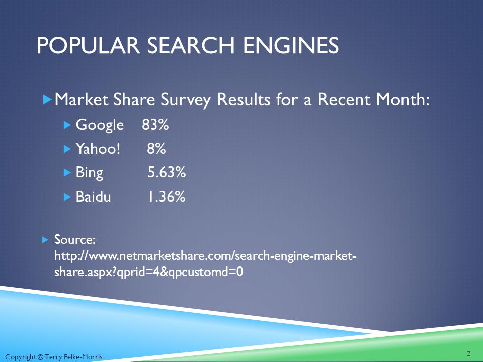 POPULAR SEARCH ENGINES  Market Share Survey Results for a Recent Month:  Google 83%  Yahoo.