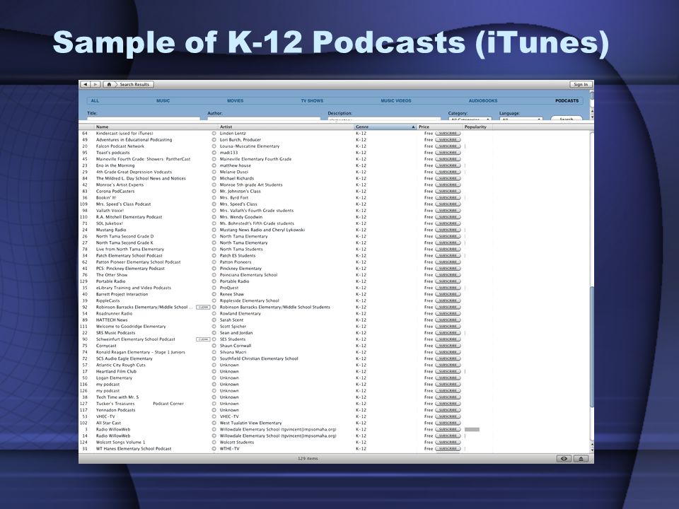 Sample of K-12 Podcasts (iTunes)