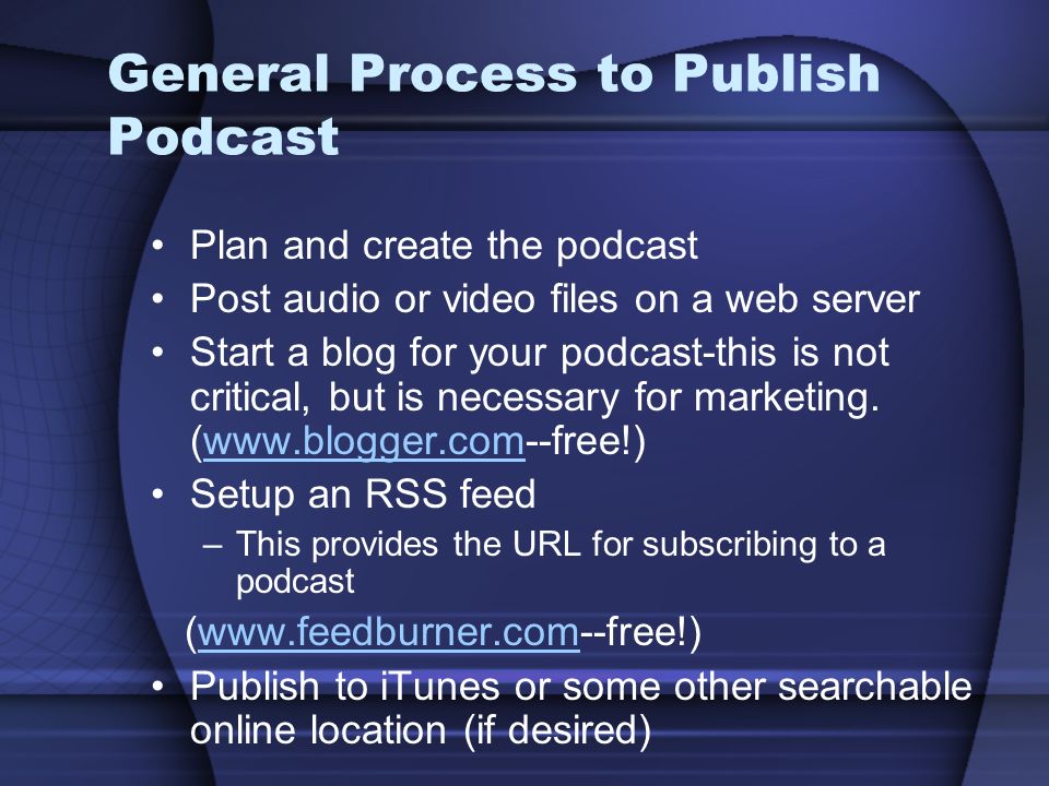 General Process to Publish Podcast Plan and create the podcast Post audio or video files on a web server Start a blog for your podcast-this is not critical, but is necessary for marketing.