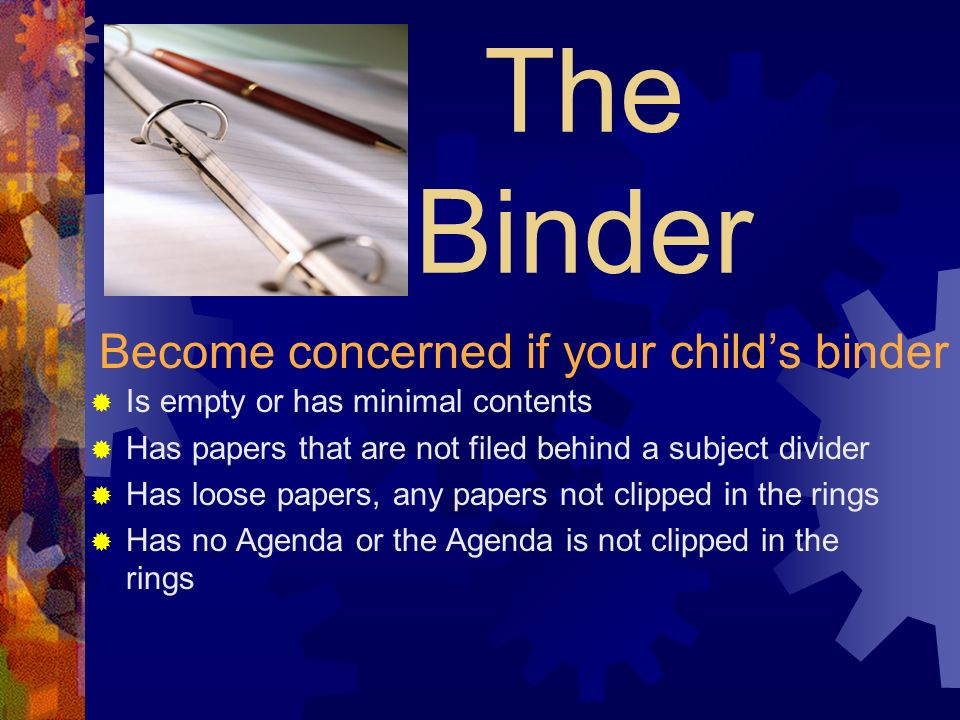 The Agenda  Your child’s organizational tool  The parent’s lifeline  Responsibility-stays in binder  Neat and complete