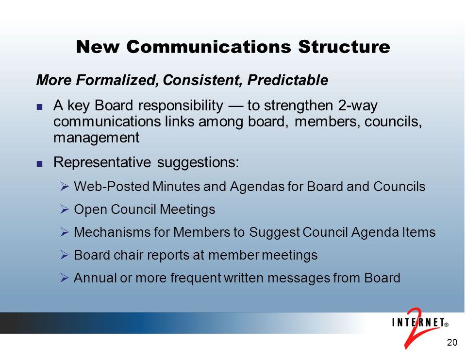 20 New Communications Structure More Formalized, Consistent, Predictable A key Board responsibility — to strengthen 2-way communications links among board, members, councils, management Representative suggestions:  Web-Posted Minutes and Agendas for Board and Councils  Open Council Meetings  Mechanisms for Members to Suggest Council Agenda Items  Board chair reports at member meetings  Annual or more frequent written messages from Board
