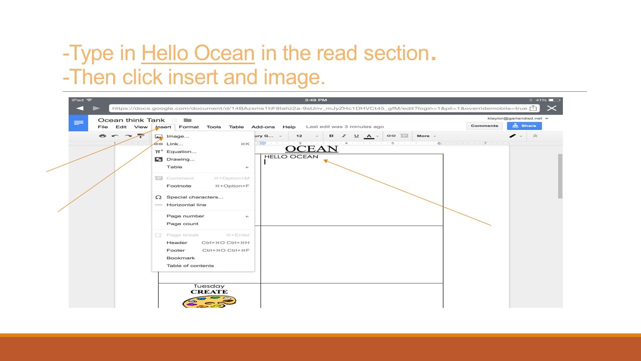 -Type in Hello Ocean in the read section. -Then click insert and image.