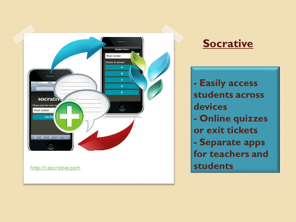 - Easily access students across devices - Online quizzes or exit tickets - Separate apps for teachers and students   Socrative