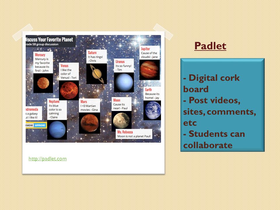 - Digital cork board - Post videos, sites, comments, etc - Students can collaborate   Padlet