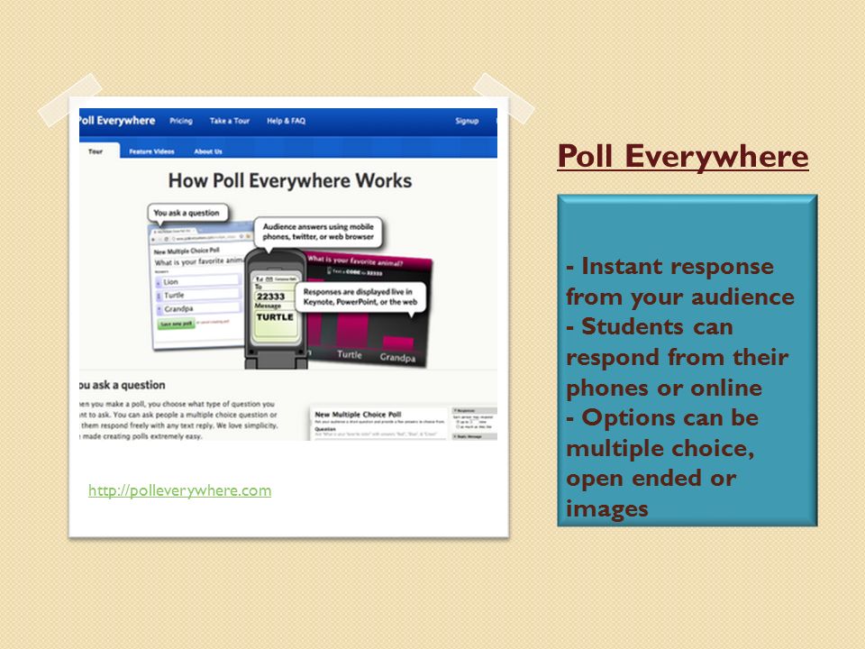 - Instant response from your audience - Students can respond from their phones or online - Options can be multiple choice, open ended or images   Poll Everywhere
