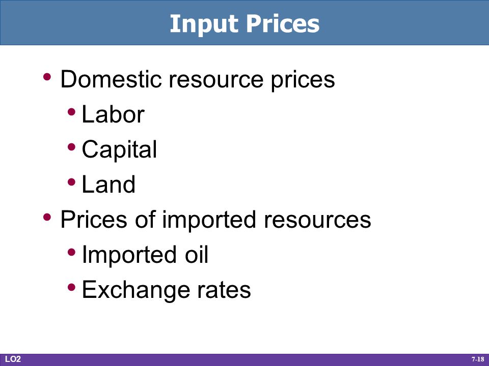 7-18 Input Prices Domestic resource prices Labor Capital Land Prices of imported resources Imported oil Exchange rates LO2