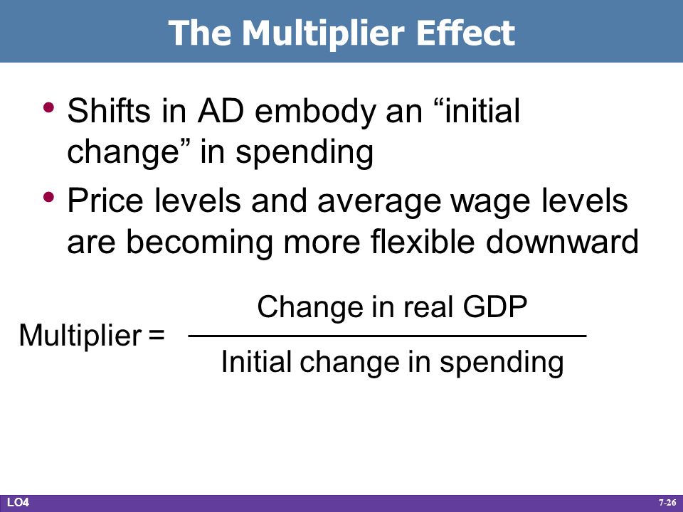 7-26 The Multiplier Effect Shifts in AD embody an initial change in spending Price levels and average wage levels are becoming more flexible downward LO4 Multiplier = Change in real GDP Initial change in spending