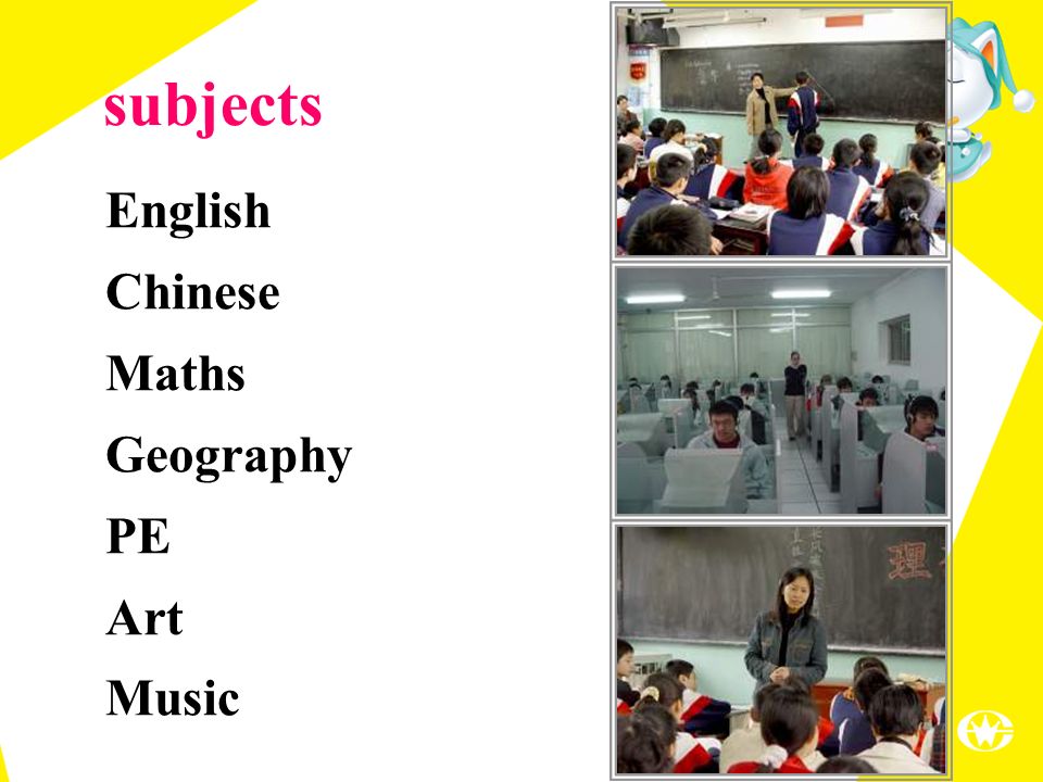 subjects English Chinese Maths Geography PE Art Music