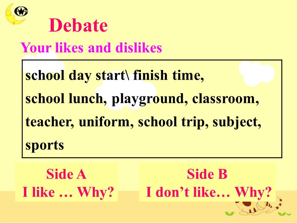 Debate Your likes and dislikes Side A I like … Why.