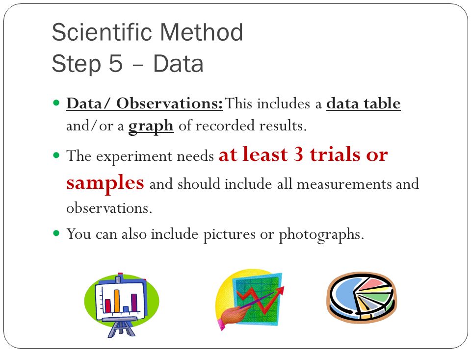 Scientific Method Step 5 – Data Data/ Observations: This includes a data table and/or a graph of recorded results.