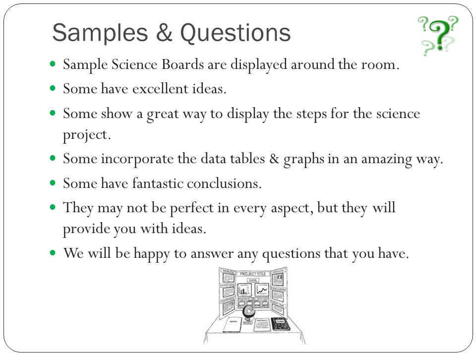 Samples & Questions Sample Science Boards are displayed around the room.