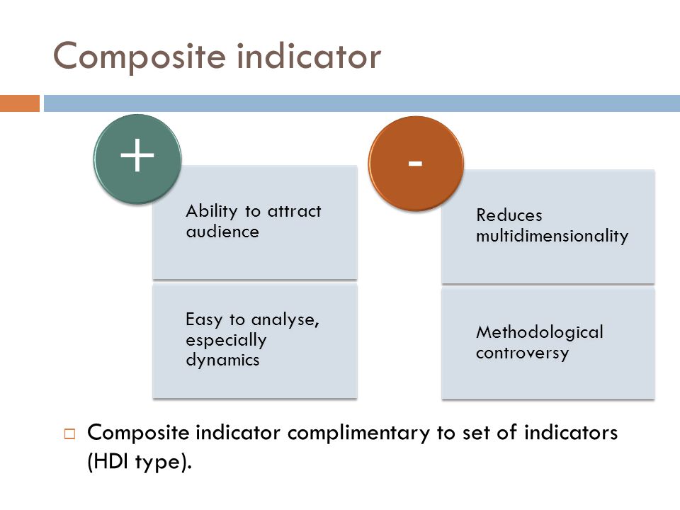 Composite indicator Ability to attract audience Easy to analyse, especially dynamics + Reduces multidimensionality Methodological controversy -  Composite indicator complimentary to set of indicators (HDI type).
