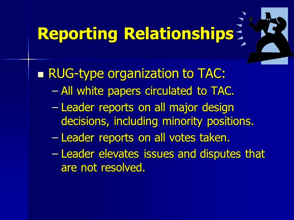 Reporting Relationships RUG-type organization to TAC: RUG-type organization to TAC: –All white papers circulated to TAC.