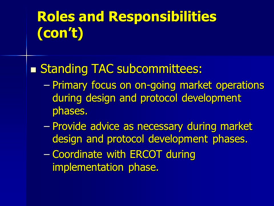 Roles and Responsibilities (con’t) Standing TAC subcommittees: Standing TAC subcommittees: –Primary focus on on-going market operations during design and protocol development phases.