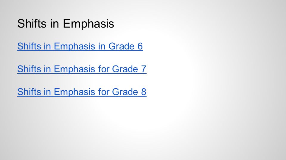 Shifts in Emphasis Shifts in Emphasis in Grade 6 Shifts in Emphasis for Grade 7 Shifts in Emphasis for Grade 8