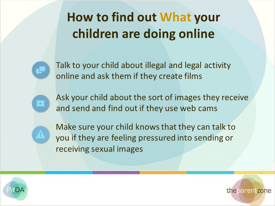How to find out What your children are doing online Talk to your child about illegal and legal activity online and ask them if they create films Ask your child about the sort of images they receive and send and find out if they use web cams Make sure your child knows that they can talk to you if they are feeling pressured into sending or receiving sexual images