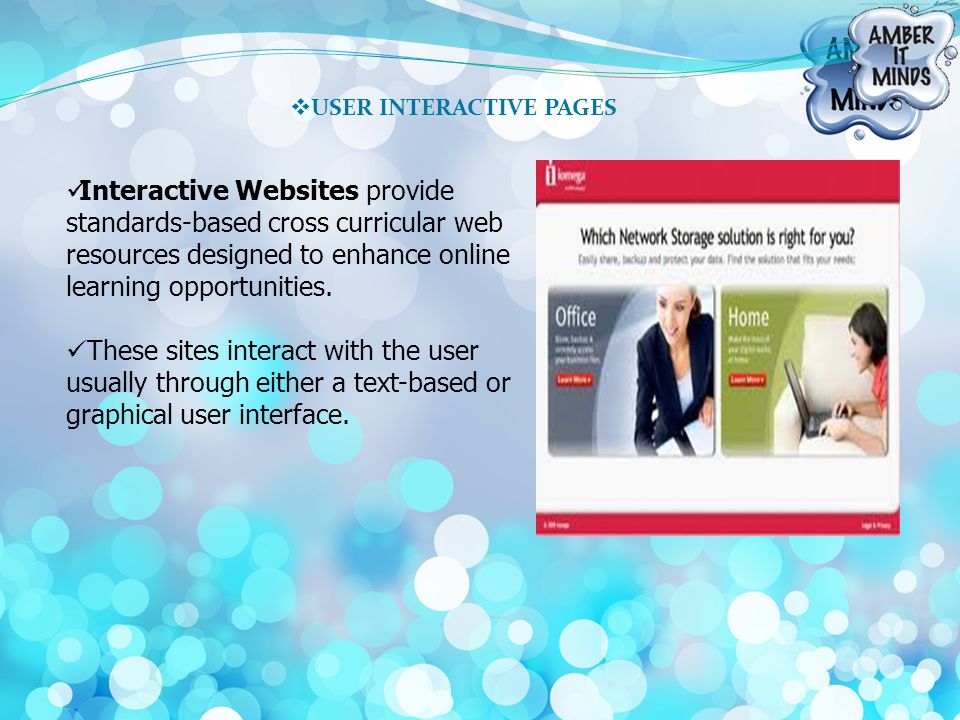  USER INTERACTIVE PAGES Interactive Websites provide standards-based cross curricular web resources designed to enhance online learning opportunities.