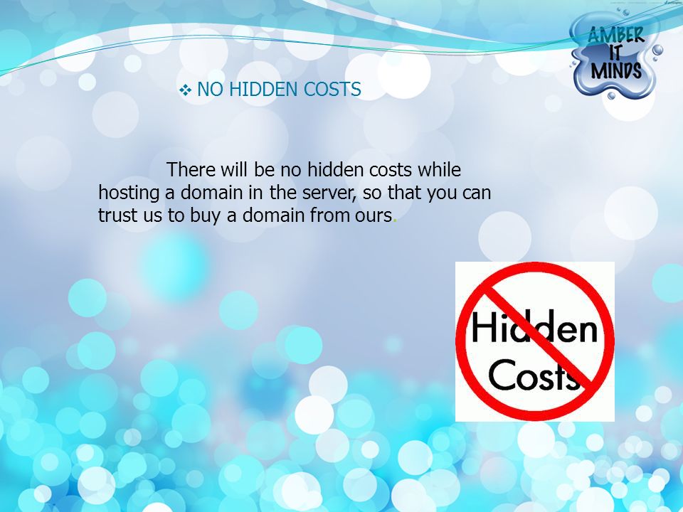  NO HIDDEN COSTS There will be no hidden costs while hosting a domain in the server, so that you can trust us to buy a domain from ours.