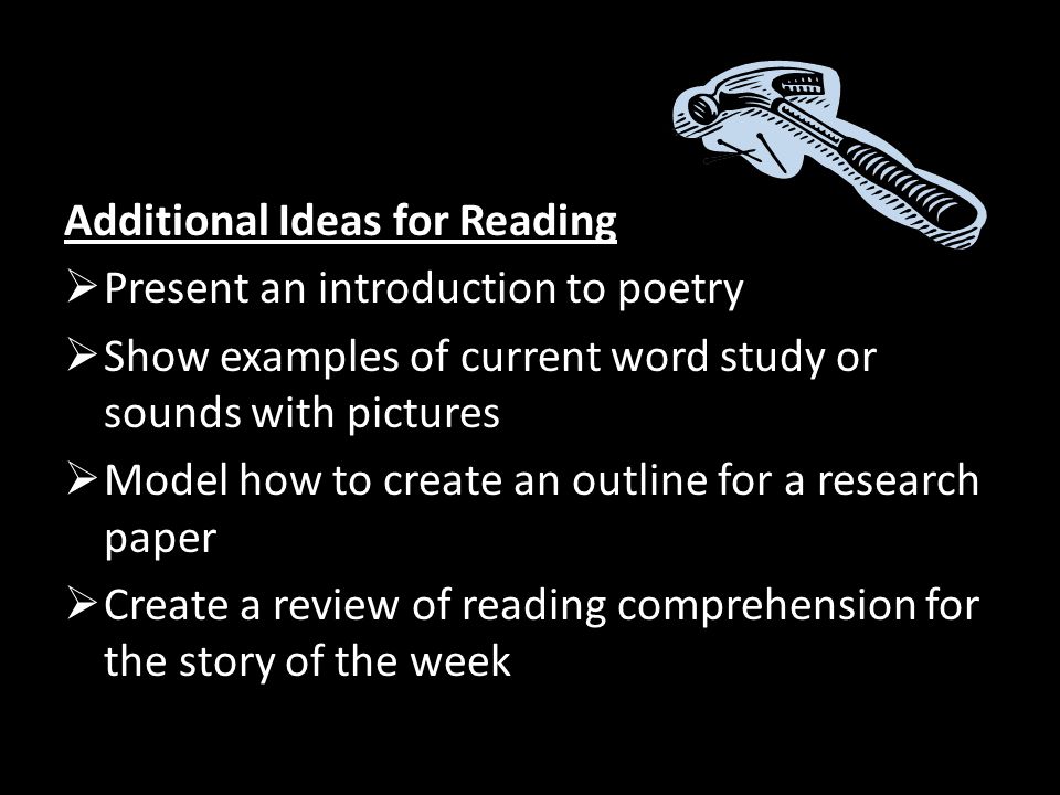 Additional Ideas for Reading  Present an introduction to poetry  Show examples of current word study or sounds with pictures  Model how to create an outline for a research paper  Create a review of reading comprehension for the story of the week