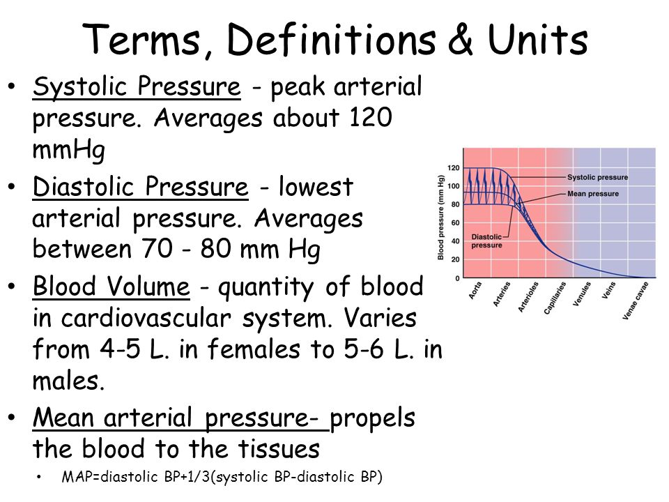 Terms, Definitions & Units Systolic Pressure - peak arterial pressure.