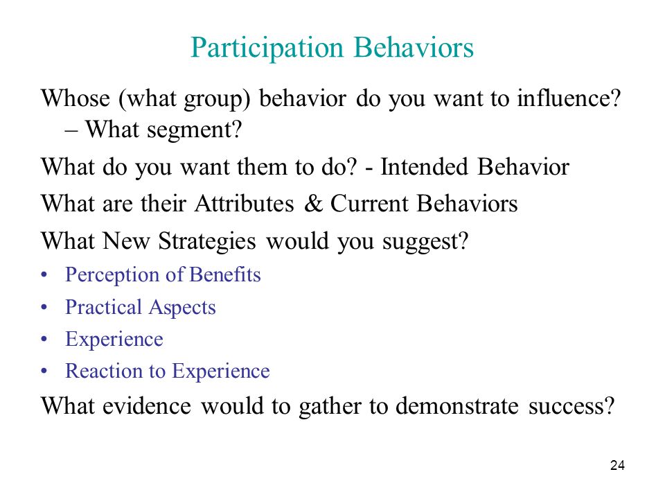 24 Participation Behaviors Whose (what group) behavior do you want to influence.