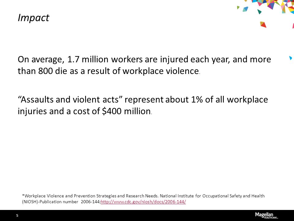 Impact On average, 1.7 million workers are injured each year, and more than 800 die as a result of workplace violence.