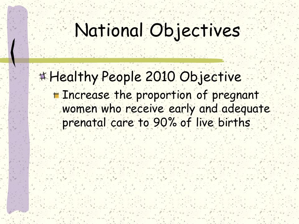 National Objectives Healthy People 2010 Objective Increase the proportion of pregnant women who receive early and adequate prenatal care to 90% of live births