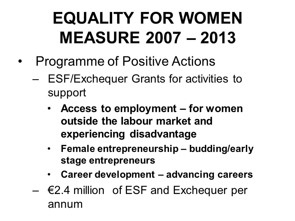 EQUALITY FOR WOMEN MEASURE 2007 – 2013 Programme of Positive Actions –ESF/Exchequer Grants for activities to support Access to employment – for women outside the labour market and experiencing disadvantage Female entrepreneurship – budding/early stage entrepreneurs Career development – advancing careers –€2.4 million of ESF and Exchequer per annum