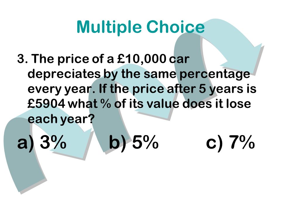Multiple Choice 3. The price of a £10,000 car depreciates by the same percentage every year.