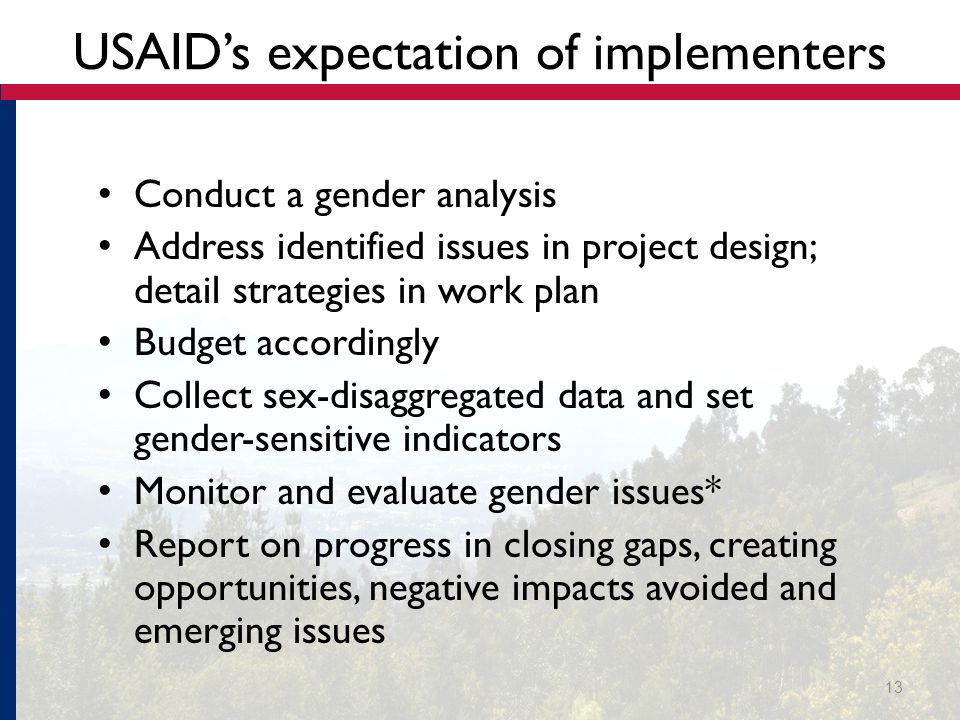 USAID’s expectation of implementers Conduct a gender analysis Address identified issues in project design; detail strategies in work plan Budget accordingly Collect sex-disaggregated data and set gender-sensitive indicators Monitor and evaluate gender issues* Report on progress in closing gaps, creating opportunities, negative impacts avoided and emerging issues 13