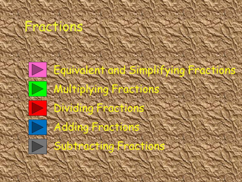 Equivalent and Simplifying Fractions Adding Fractions Multiplying Fractions Fractions Dividing Fractions Subtracting Fractions