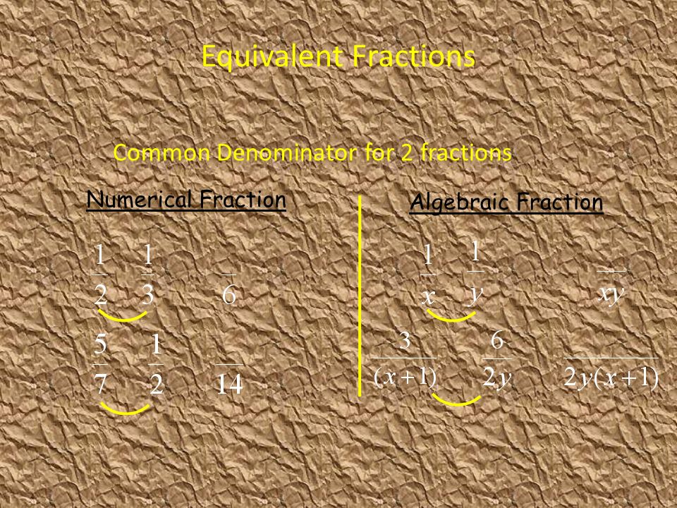 Equivalent Fractions Numerical Fraction Algebraic Fraction Common Denominator for 2 fractions